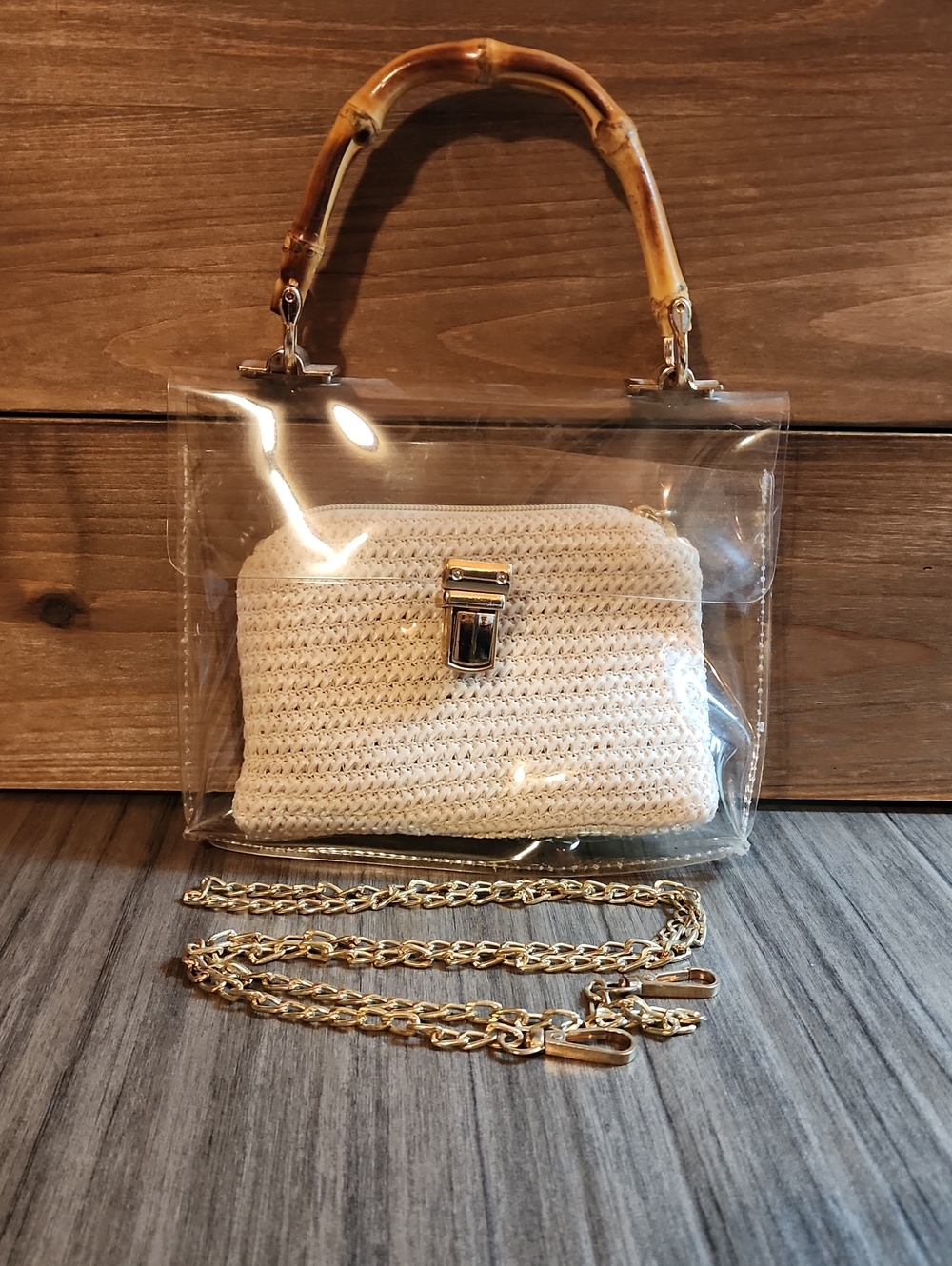 Clear PVC Crossbody Bag with Bamboo Top Handle & Cream Knit Pouch - NWOT